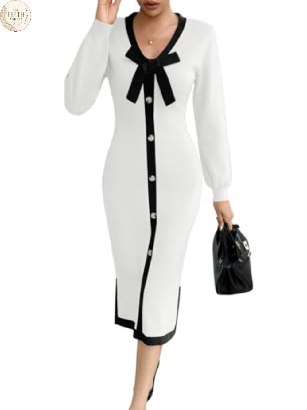 Womens V Neck Sweater Dress Long Sleeve Bodycon Button Bow Midi Knit